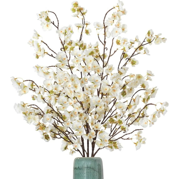 4 Pcs Artificial Cherry Blossom Flowers Bulk Silk Faux Flowers Real Touch Bouquet for Christmas Halloween Home Wedding Decoration(White)