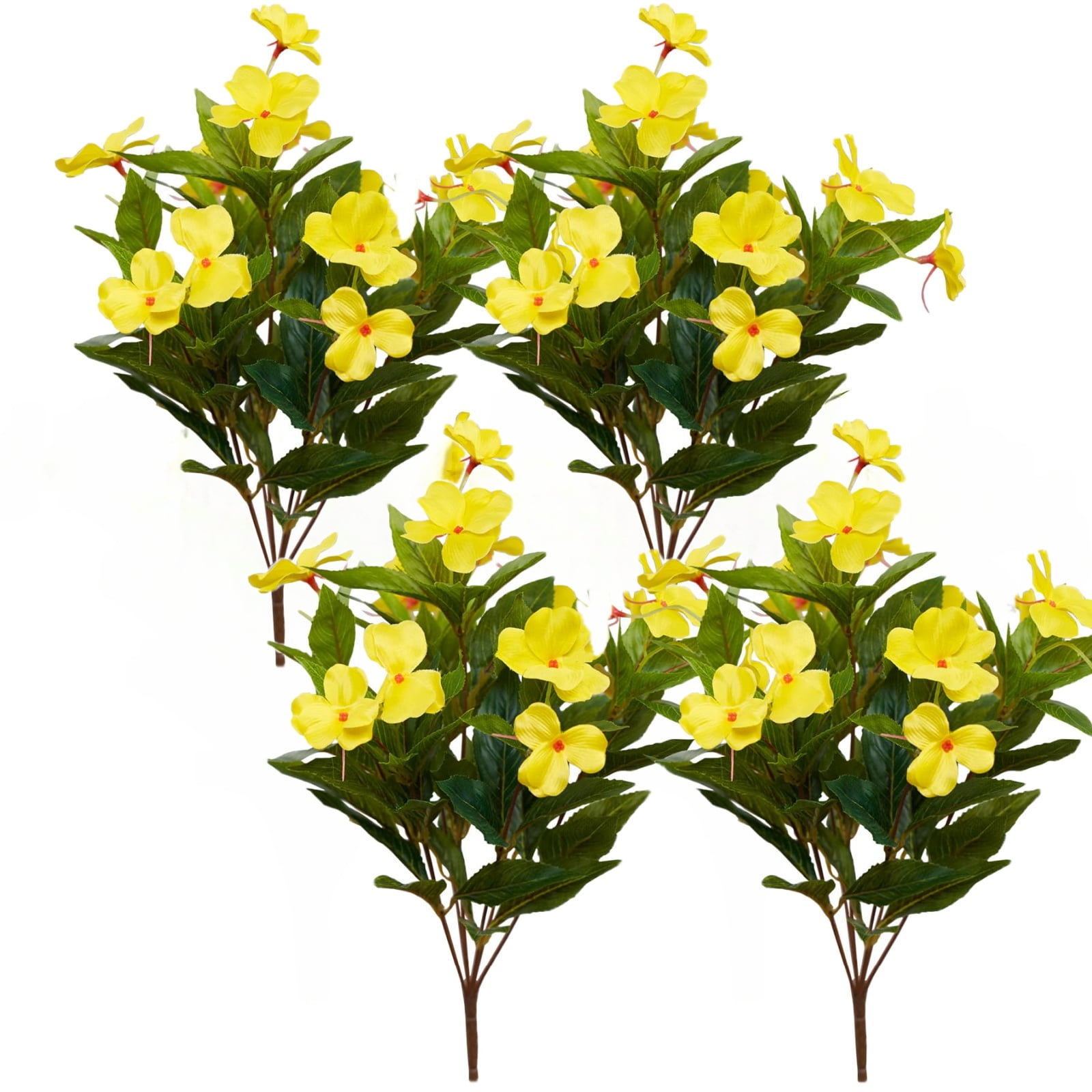 4 Pcs Artificial Flowers Outdoor Impatiens Silk Impatiens Flowers 15.74" Yellow Faux Flowers Impatiens Bushes UV Resistant Artificial Impatiens for Pot Patio Lawn Garden Hanging Basket Porch Decor