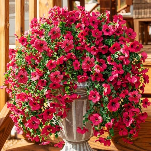 4 Pcs Artificial Hanging Flowers for Outdoor Planter, 156 Branches Trailing Faux Potted Plants Fake Floral, UV & Fading Resistant, for Wedding Patio Spring Summer Decor(Rose Red)