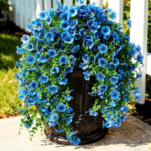 4 Pcs Artificial Hanging Flowers for Outdoor Planter, 156 Branches Trailing Faux Potted Plants Fake Floral, UV & Fading Resistant, for Wedding Patio Spring Summer Decor(Blue)
