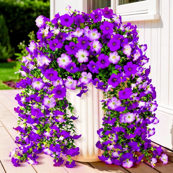 4 Pcs Artificial Hanging Flowers Purple and White Realistic Fake Plants Faux Silk Ivy Garland for Home Garden Wall Indoor Outdoor Decoration Spring Summer