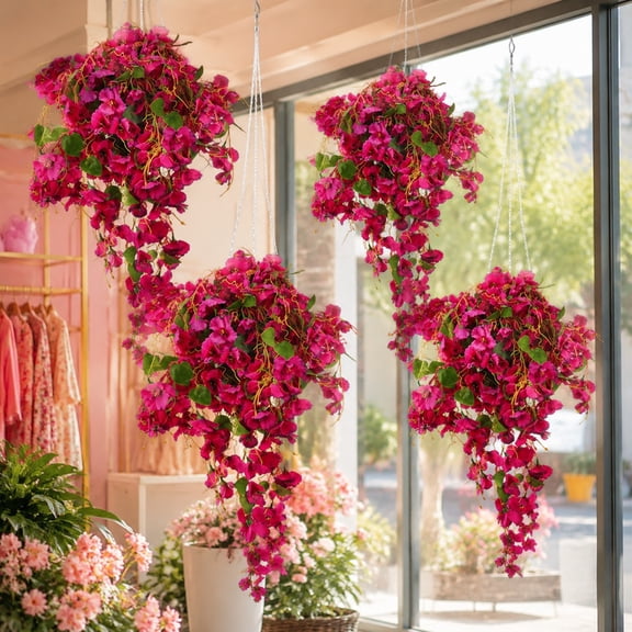 4 Pcs Artificial Hanging Hibiscus Flower Vines, Rose Pink Trailing Floral Decor for Outdoor Porch Garden Wedding Spring Summer Party Home Wall Decoration
