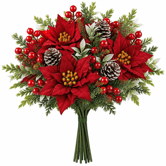 4 Pcs Artificial Poinsettia Christmas Flower Red Berry Winter Bouquet