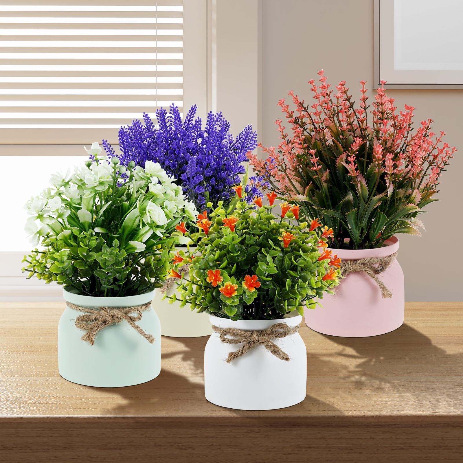 4 Pcs Artificial Potted Flowers Realistic Fake Potted Plants Plastic Faux Flowers in Pot Fake
