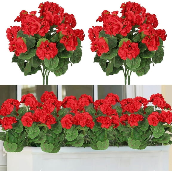 4 Pcs Artificial Red Geranium Silk Flowers Outdoor Plant Bush Faux Flowers Geraniums for Home Indoor Outside Garden Patio Vase Grave Cemetery Table Centerpieces Decor