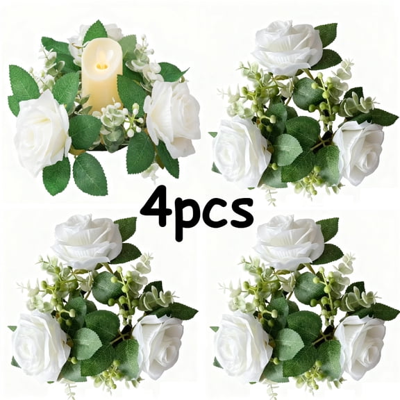 4 Pcs Artificial Rose Candle Rings,Floral Wreaths with Eucalyptus Leaves Greenery Garland for Pillar Candle Lantern Wedding Centerpiece Party Home Table Decor (White)