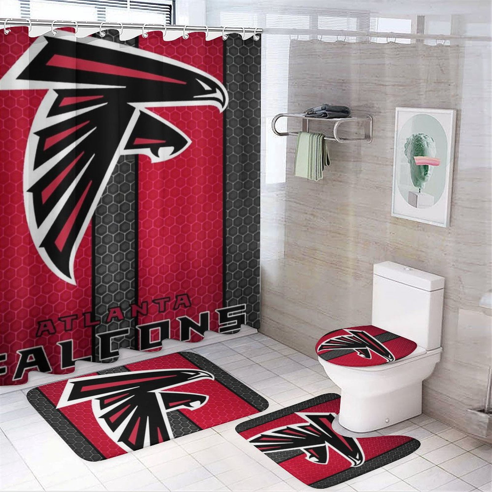 4 Pcs Atlanta Football Shower Curtain Set with Toilet Lid Cover Mat,Non-Slip Rug,Bath Mat And Waterproof Shower Curtains with 12 Hooks for Halloween Christmas Cartoon Bathroom Set