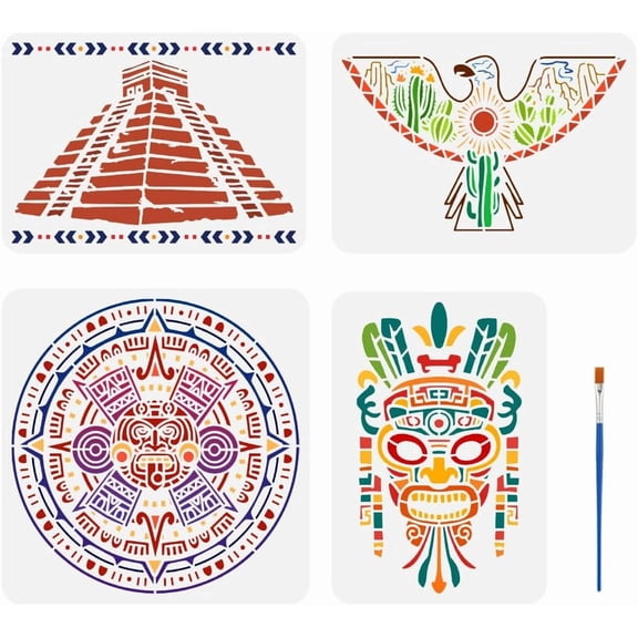 4 Pcs Aztec Pattern Stencil with Brush 4 Styles Tribal Theme Painting Stencils Reusable PET Tribal Styles Bird Decoration Template PET Human Face Template for Wood Wall Floor Furniture 1set