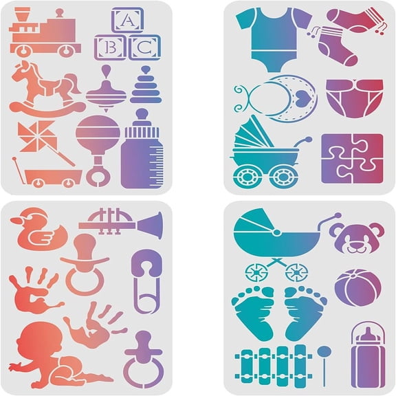 4 Pcs Baby Theme Stencils Template 11.6x8.3 Inch Plastic Baby Bottle Stroller Reusable Drawing Painting Stencils for DIY