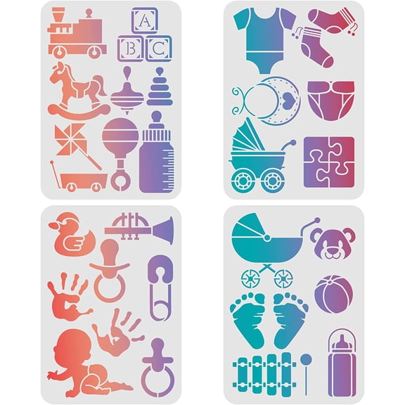 4 Pcs Baby Theme Stencils Template 11.6x8.3 Inch Plastic Baby Bottle Stroller Reusable Drawing Painting Stencils