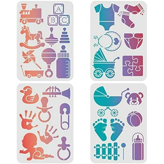 4 Pcs Baby Theme Stencils Template 11.6x8.3 Inch Plastic Baby Bottle Stroller Reusable Drawing Painting Stencils for Wood Floor Wall Tile DIY Art and Craft