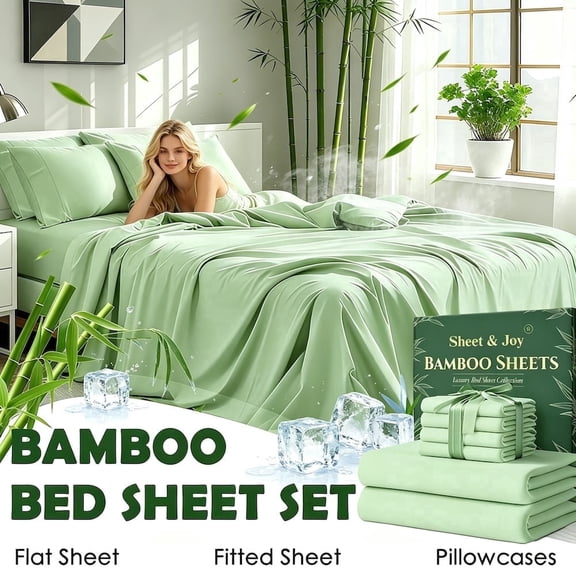 4 Pcs Bamboo Cooling Bedding Set Twin Green ,Extra Deep Pocket Breathable And Cooling - Suitable For Hot Sleepers And Sweats,