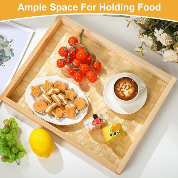 4 Pcs Bamboo Wicker Serving Trays for Foods & Drinks, 16.93" x 13" Rectangular Flat Baskets Trays, Decorative Bamboo Basket Tray for Dinner Coffee Table Picnic Fruit Snack Holder Bed Eating