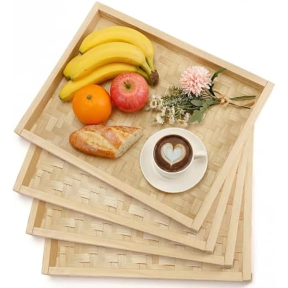 4 Pcs Bamboo Wicker Serving Trays for Foods & Drinks, 16.93" x 13" Rectangular Flat Baskets Trays, Decorative Bamboo Basket Tray for Dinner Coffee Table Picnic Fruit Snack Holder Bed Eating