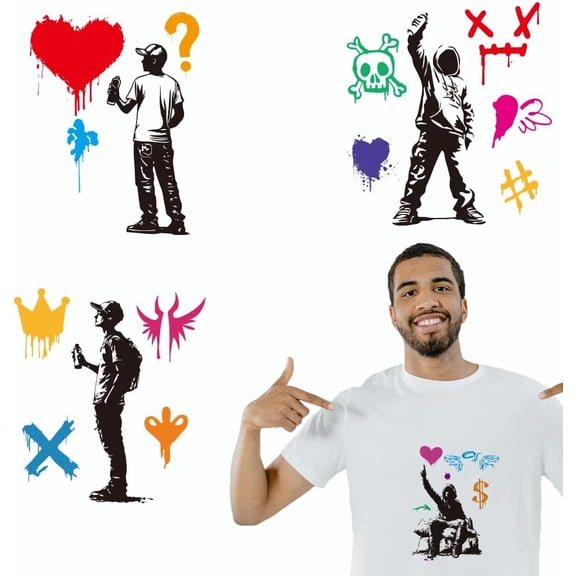 4 Pcs Banksy-Themed Iron on Decals Patches Graffiti Characters Iron on Stickers Heat Transfer Stickers Plastic Washable Patches for DIY Clothes Decor Backpacks Cover