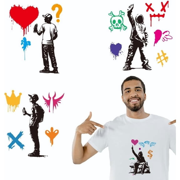 4 Pcs Banksy-Themed Iron on Decals Patches Graffiti Characters Iron on Stickers Heat Transfer Stickers Plastic Washable Patches