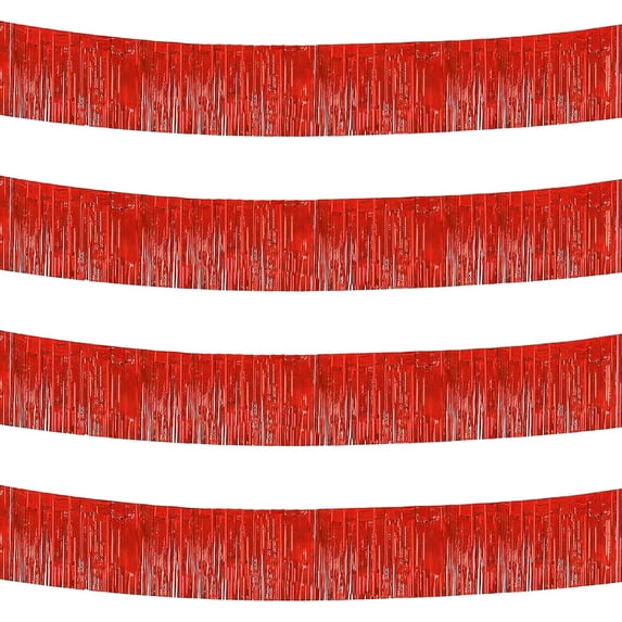 4 Pcs Banner Wall Hanging Backdrop,118.1x11.8In Metallic Tinsel Foil Fringe Streamer Curtains,Red Tinsel Streamer Backdrop for Parade Floats,Thanksgiving Day,Christmas Day