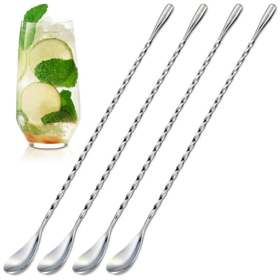 12" Long Bar Spoons 4 Pcs, Stainless Steel Cocktail Stirrers for Mixing Drinks Coffee Tea, Elegant Spiral Design, Durable Easy Clean Barware, Silver