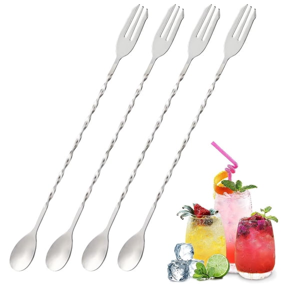 4 Pcs Bar Stirring Spoon, Cocktail Mixing Spoon,  Drink Stirrers Fruit Fork  Stainless Steel Bar Set Bartender kit Spiral Pattern Long Handle