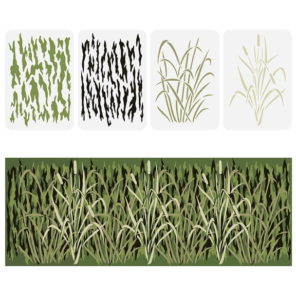 4 Pcs Bark Camouflage Stencil 11.7x8.3 inch Camouflage Grass Bark Pattern Stencils Plastic Wall Camo Stencil Kit Reusable Art and Craft