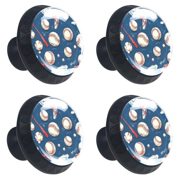 4 Pcs Baseball Ball Bat Print Cabinet Knobs 30mm Round Crystal Glass Drawer Handles Pulls with Screws for Kitchen Cupboard Wardrobe Closet Dresser, Home&Office
