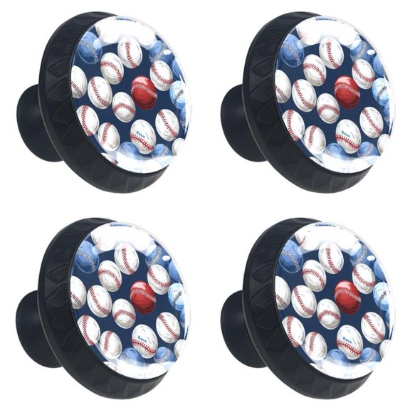 4 Pcs Baseball Print Cabinet Knobs 30mm Round Crystal Glass Drawer Handles Pulls with Screws for Kitchen Cupboard Wardrobe Closet Dresser, Home&Office