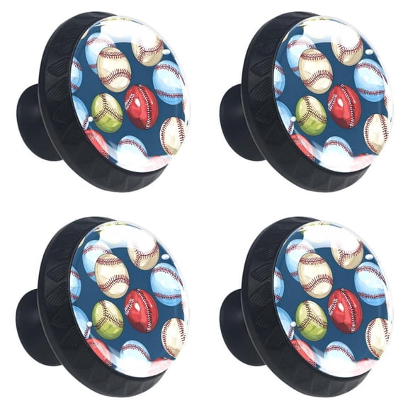 4 Pcs Baseball Print Cabinet Knobs 30mm Round Crystal Glass Drawer Handles Pulls with Screws for Kitchen Cupboard Wardrobe Closet Dresser, Home&Office