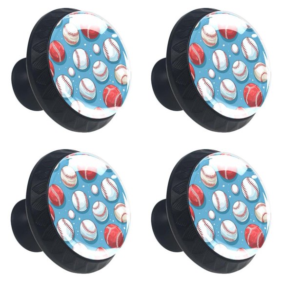 4 Pcs Baseball Print Cabinet Knobs 30mm Round Crystal Glass Drawer Handles Pulls with Screws for Kitchen Cupboard Wardrobe Closet Dresser, Home&Office