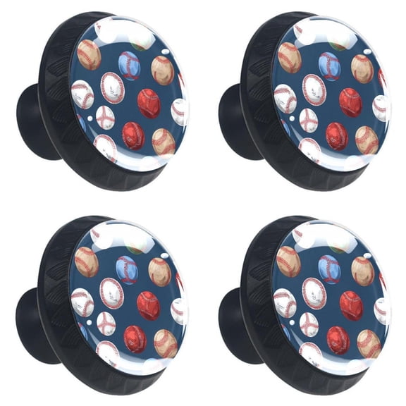 4 Pcs Baseball Print Cabinet Knobs 30mm Round Crystal Glass Drawer Handles Pulls with Screws for Kitchen Cupboard Wardrobe Closet Dresser, Home&Office