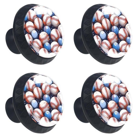 4 Pcs Baseball Print Cabinet Knobs 30mm Round Crystal Glass Drawer Handles Pulls with Screws for Kitchen Cupboard Wardrobe Closet Dresser, Home&Office