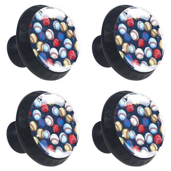 4 Pcs Baseball Print Cabinet Knobs 30mm Round Crystal Glass Drawer Handles Pulls with Screws for Kitchen Cupboard Wardrobe Closet Dresser, Home&Office