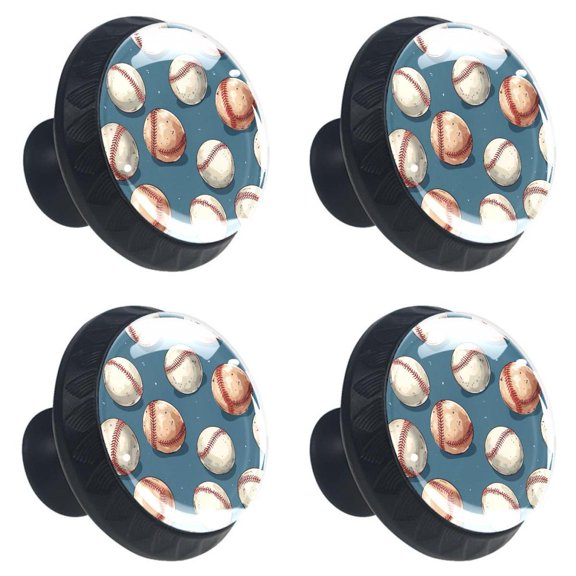 4 Pcs Baseball Print Cabinet Knobs 30mm Round Crystal Glass Drawer Handles Pulls with Screws for Kitchen Cupboard Wardrobe Closet Dresser, Home&Office