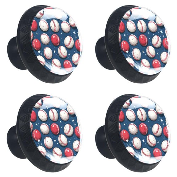 4 Pcs Baseball Print Cabinet Knobs 30mm Round Crystal Glass Drawer Handles Pulls with Screws for Kitchen Cupboard Wardrobe Closet Dresser, Home&Office