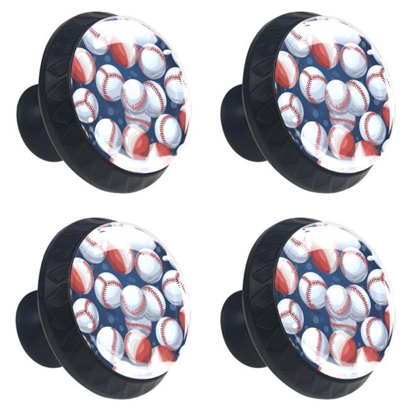 4 Pcs Baseball Print Cabinet Knobs 30mm Round Crystal Glass Drawer Handles Pulls with Screws for Kitchen Cupboard Wardrobe Closet Dresser, Home&Office