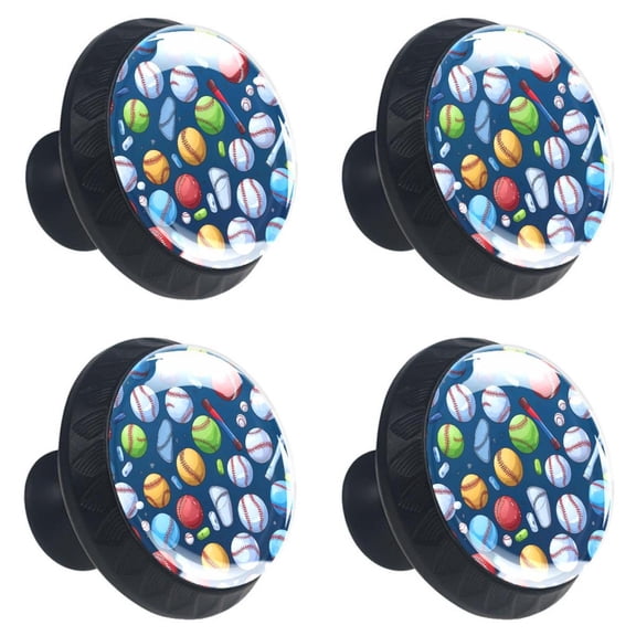 4 Pcs Baseball Print Cabinet Knobs 30mm Round Crystal Glass Drawer Handles Pulls with Screws for Kitchen Cupboard Wardrobe Closet Dresser, Home&Office