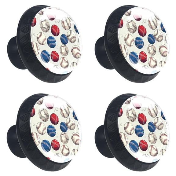 4 Pcs Baseball Print Cabinet Knobs 30mm Round Crystal Glass Drawer Handles Pulls with Screws for Kitchen Cupboard Wardrobe Closet Dresser, Home&Office