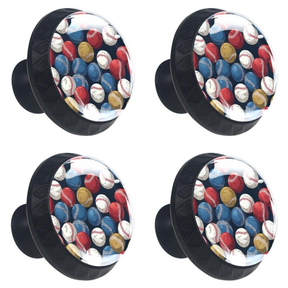 4 Pcs Baseball Print Cabinet Knobs 30mm Round Crystal Glass Drawer Handles Pulls with Screws for Kitchen Cupboard Wardrobe Closet Dresser, Home&Office