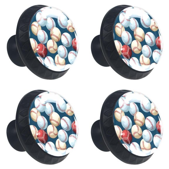 4 Pcs Baseball Print Cabinet Knobs 30mm Round Crystal Glass Drawer Handles Pulls with Screws for Kitchen Cupboard Wardrobe Closet Dresser, Home&Office