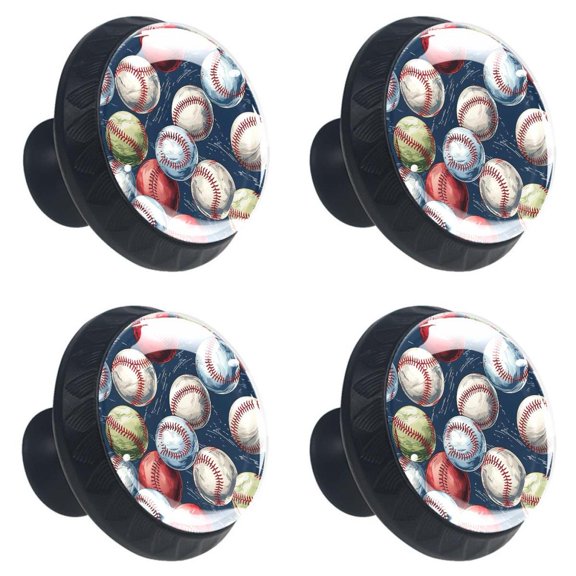 4 Pcs Baseball Print Cabinet Knobs 30mm Round Crystal Glass Drawer Handles Pulls with Screws for Kitchen Cupboard Wardrobe Closet Dresser, Home&Office