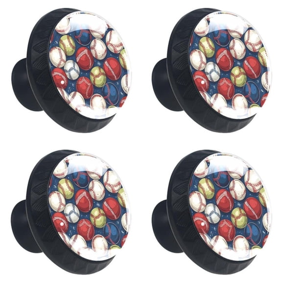 4 Pcs Baseball Print Cabinet Knobs 30mm Round Crystal Glass Drawer Handles Pulls with Screws for Kitchen Cupboard Wardrobe Closet Dresser, Home&Office