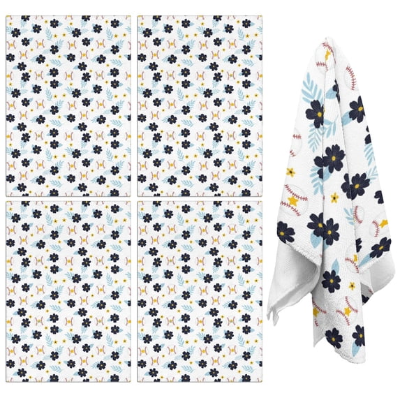 4 Pcs Baseballs and Flowers White Pattern Funny Kitchen Towels, Microfiber Dish Towels, Kitchen Tea Towels Set 18" X 26"