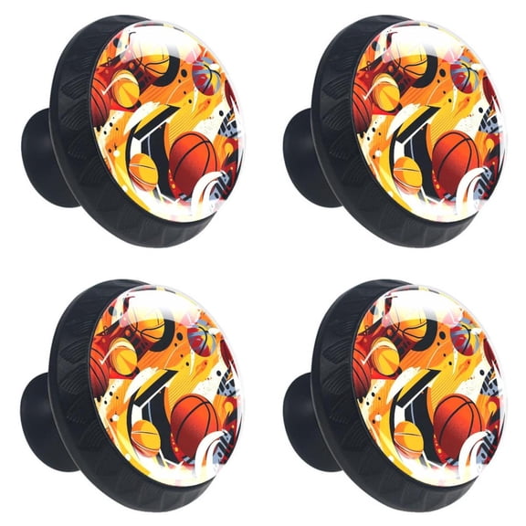 4 Pcs Basketball Ball Sport Print Cabinet Knobs 30mm Round Crystal Glass Drawer Handles Pulls with Screws for Kitchen Cupboard Wardrobe Closet Dresser, Home&Office