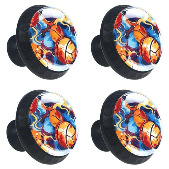 4 Pcs Basketball Ball Sport Print Cabinet Knobs 30mm Round Crystal Glass Drawer Handles Pulls with Screws for Kitchen Cupboard Wardrobe Closet Dresser, Home&Office