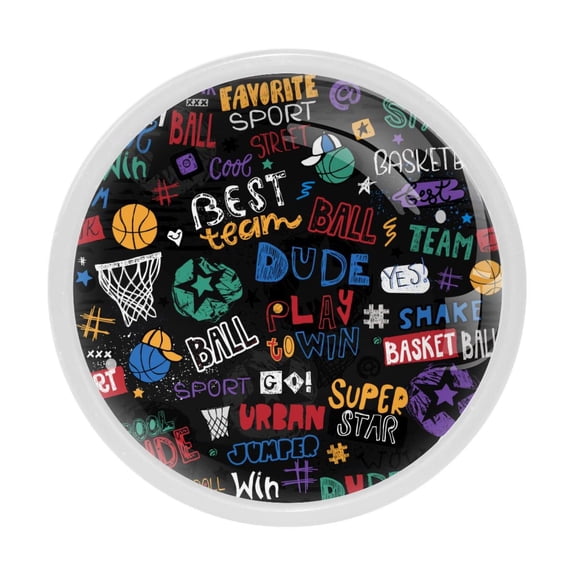 4 Pcs Basketball Graffiti Knobs for Kitchen Cabinet Cupboard Dresser Bookcase Drawer Pulls Handles Round Home Decor