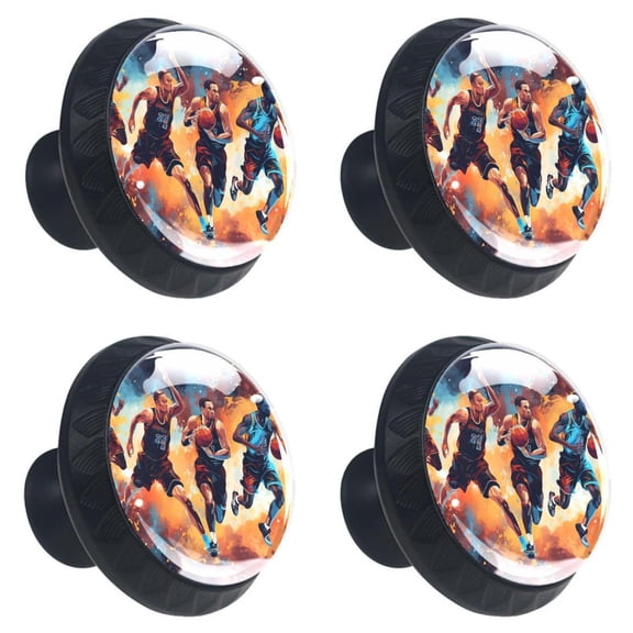 4 Pcs Basketball Players Print Cabinet Knobs 30mm Round Crystal Glass Drawer Handles Pulls with Screws for Kitchen Cupboard Wardrobe Closet Dresser, Home&Office