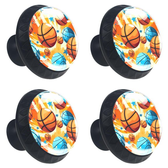 4 Pcs Basketball Print Cabinet Knobs 30mm Round Crystal Glass Drawer Handles Pulls with Screws for Kitchen Cupboard Wardrobe Closet Dresser, Home&Office