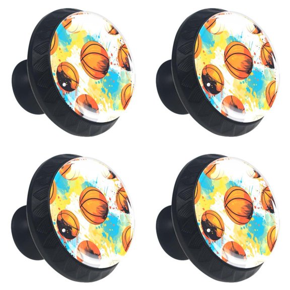 4 Pcs Basketballs Print Cabinet Knobs 30mm Round Crystal Glass Drawer Handles Pulls with Screws for Kitchen Cupboard Wardrobe Closet Dresser, Home&Office