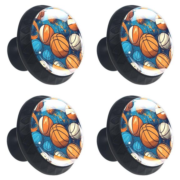4 Pcs Basketballs Print Cabinet Knobs 30mm Round Crystal Glass Drawer Handles Pulls with Screws for Kitchen Cupboard Wardrobe Closet Dresser, Home&Office