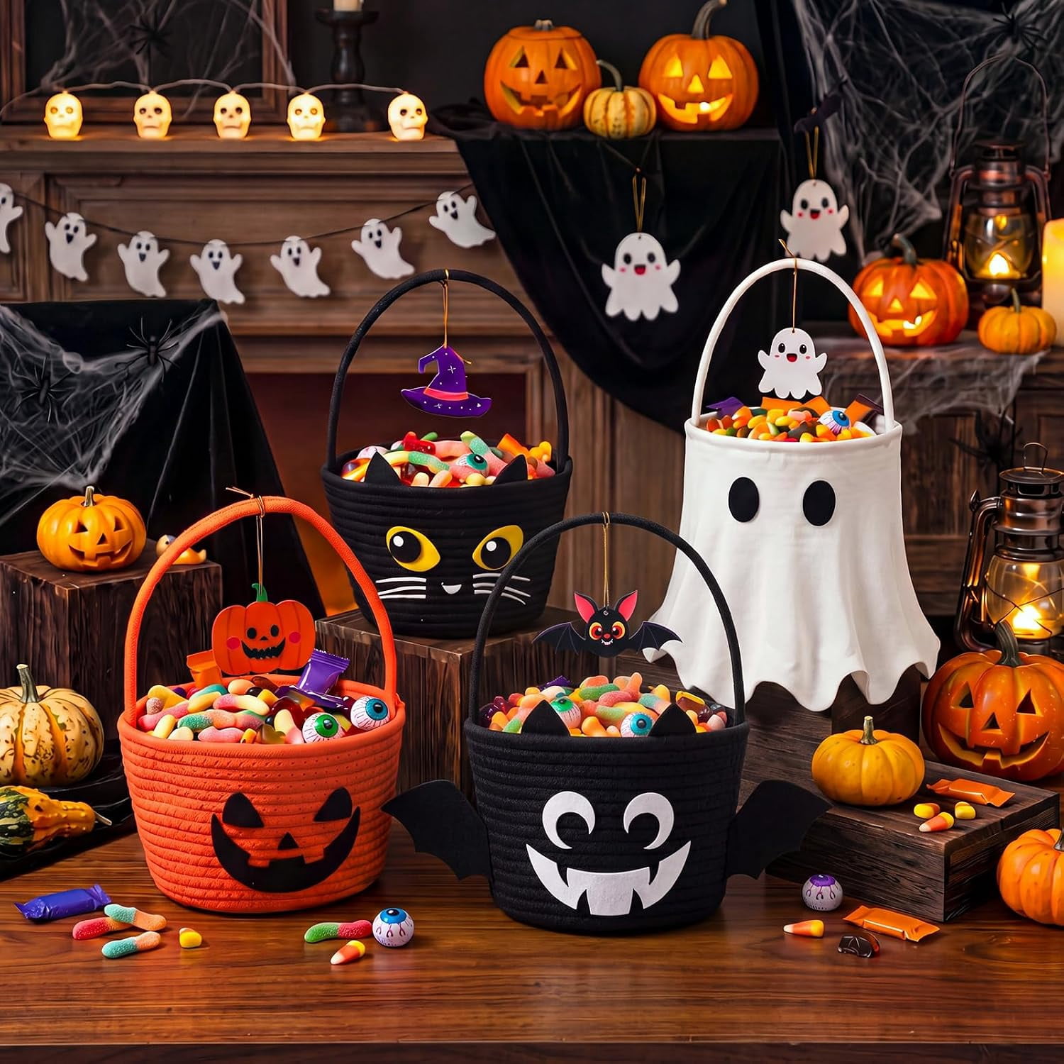 4 Pcs Baskets, Pumpkin Ghost Black Cat Bat Bucket - Walmart.com