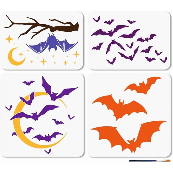4 Pcs Bat Moon Stencils Reusable Bat Flocks Stencil for Painting 8.311.7 Inch/11.8x11.8 Inch Branches Drawing Templates with Paint Brush for Wall Floor Wood Paper Decoration Making DIY